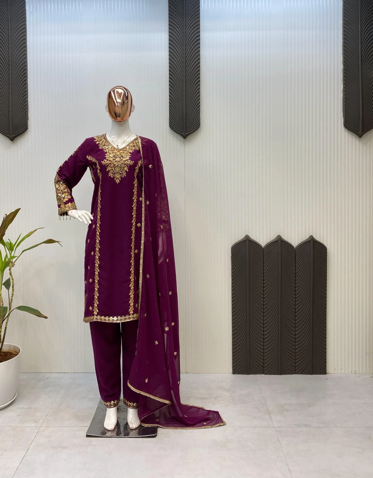 GEORGETTE WITH SEQUENCE EMBROIDERY WORK AND GOLDEN SEQUENCE LACE