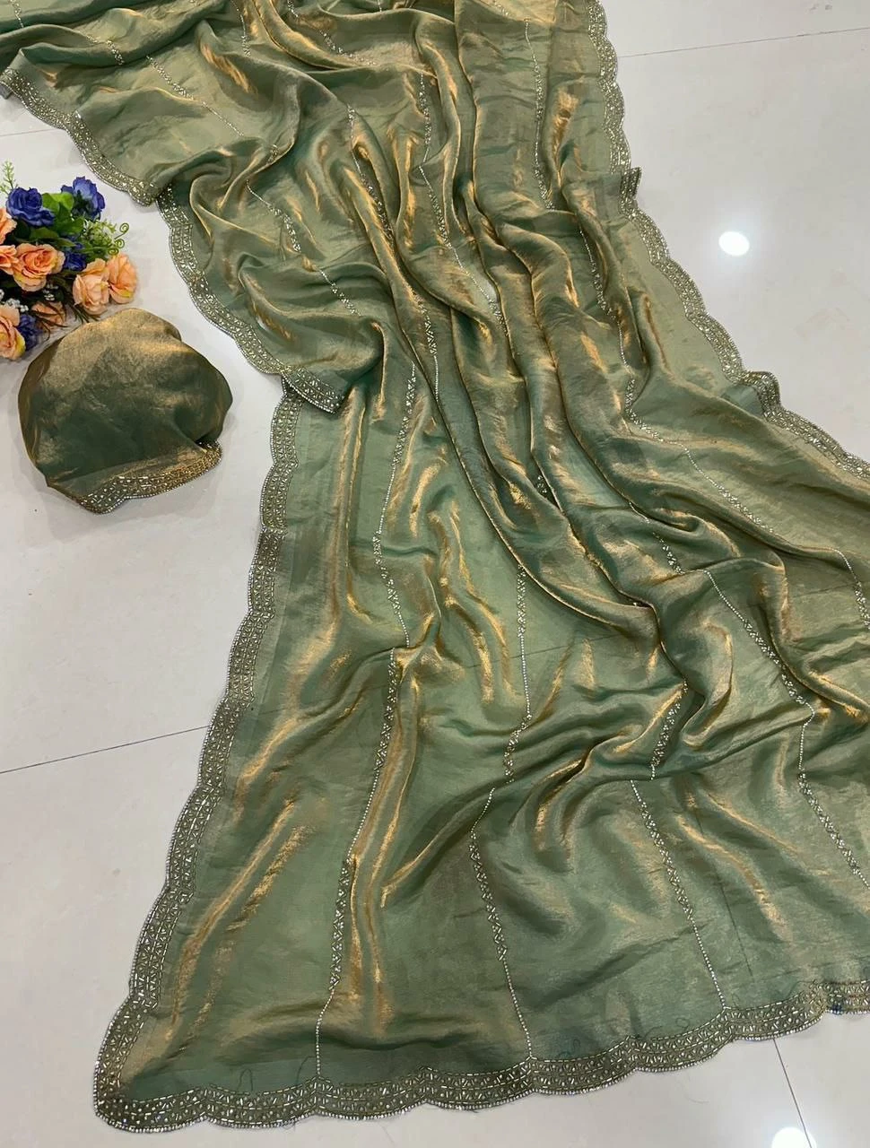 Space Sattin Soft Silk Saree With Jarkhan Work & Running Work