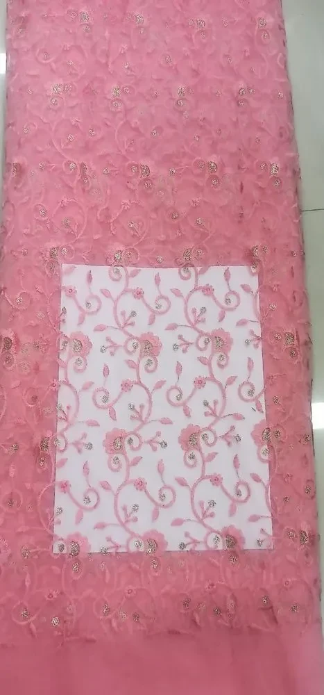 Pink Net Embroidered Fabric